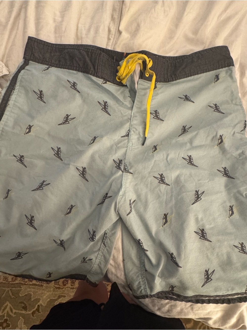 Hooey Men's Light Blue Patterned Swim Trunks with Yellow Drawstring